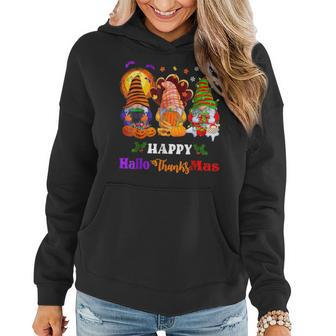 Three Gnomes Halloween Merry Christmas Happy Hallothanksmas Women Hoodie | Mazezy