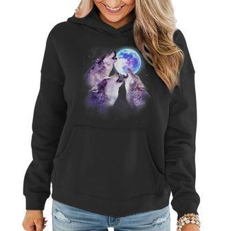 Three Grey Wolf Howling At The Moon 3 Wolves Space Galaxy Women Hoodie | Mazezy UK