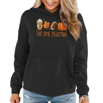 Tis The Season Pumpkin Leaf Latte Fall Thanksgiving Football Women Hoodie | Mazezy