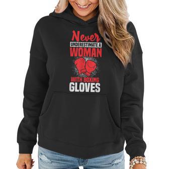 Never Underestimate A Woman With Boxing Gloves Gym Workout Women Hoodie - Thegiftio UK