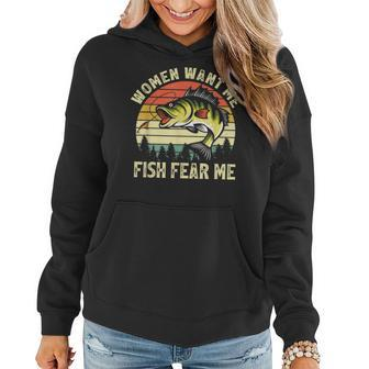 Vintage Women Want Me Fish Bass Fear Me Funny Lover Fishing Women Hoodie - Seseable