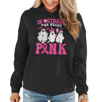 Wear Pink Breast Cancer Warrior Ghost Halloween Groovy Women Hoodie - Seseable