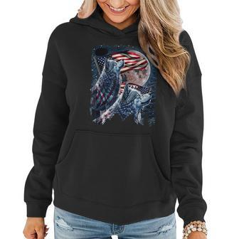 Wolf 4Th Of July American Flag Howling Wolves Under Moon Gifts For Wolf Lovers Funny Gifts Women Hoodie | Mazezy