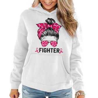 Fighter Messy Bun Breast Cancer Awareness Pink Warrior Women Hoodie - Seseable