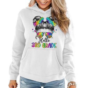 Hello 3Rd Grade Messy Hair Bun Girl Back To School First Day Women Hoodie - Seseable