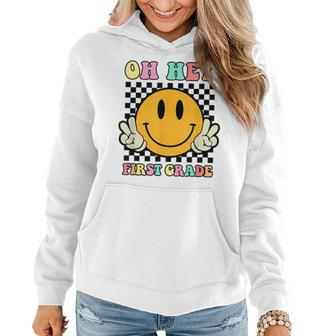Oh Hey First Grade Hippie Smile Face Retro Back To School Hippie Gifts Women Hoodie | Mazezy