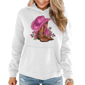 Pink Cowgirl Hat Cowgirl Boots Western Cowhide Rose Flowers Women Hoodie | Mazezy AU