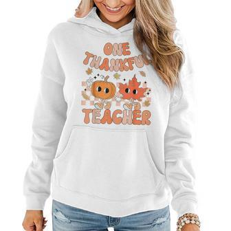 Retro One Thankful Teacher Pumpkin Fall Leaves Thanksgiving Women Hoodie - Thegiftio UK