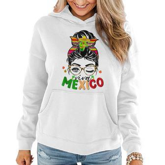 Retro Viva Mexico Messy Bun Mexican Flag Pride Girls Women Hoodie - Seseable