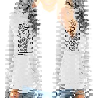 Skeleton Vintage Picture With Smiling Skull Drinking Coffee Drinking s Women Hoodie | Mazezy