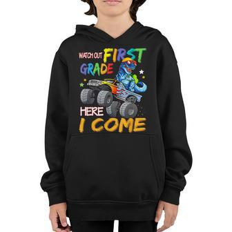 Back To School Watch Out 1St Grade Here I Come Dinosaur Dinosaur Funny Gifts Youth Hoodie | Mazezy