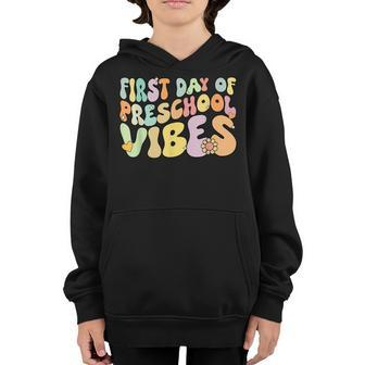 Groovy First Day Of Preschool Vibes Hello Back To School Youth Hoodie | Mazezy UK