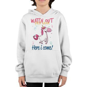 Kids Funny First Grade Gift Watch Out First Grade Here I Come Youth Hoodie | Mazezy