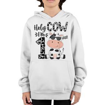 Kids Holy Cow Im 1 Birthday Boy 1St Cow Farm Animals Bday Youth Hoodie - Thegiftio UK