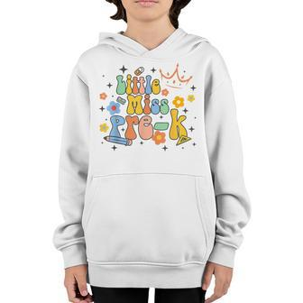 Kids Little Miss Pre-K Back To School Groovy First Day Youth Hoodie | Mazezy