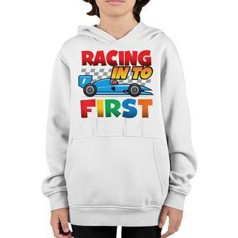 Kids Racing Into First Grade School Race Car Driver Racecar Boys Youth Hoodie | Mazezy