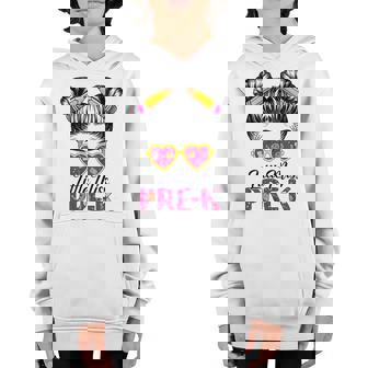 Little Miss Pre K Messy Bun Girl Back To School First Day Youth Hoodie | Mazezy