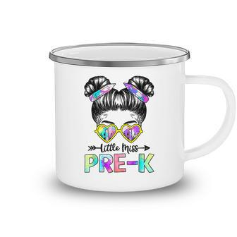 First Day Of Little Miss Pre K Back To School Messy Bun Girt Camping Mug | Mazezy