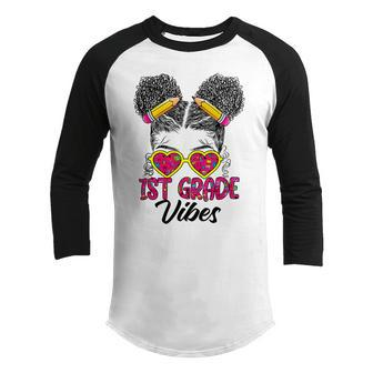 First 1St Grade Vibes Messy Bun Back To School Afro Girls Youth Raglan Shirt | Mazezy DE