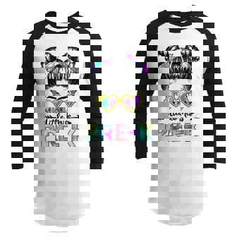 First Day Of Little Miss Pre K Back To School Messy Bun Girt Youth Raglan Shirt | Mazezy