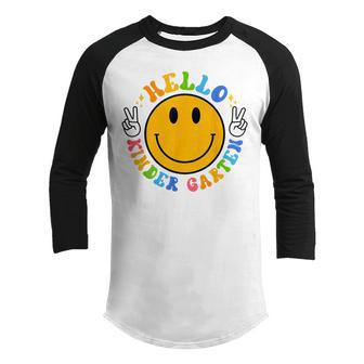 Groovy Hello Kindergarten Vibes Retro Teacher Back To School Gifts For Teacher Funny Gifts Youth Raglan Shirt | Mazezy CA
