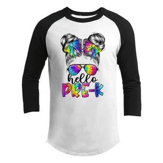 Hello Pre K Messy Bun Girl - Back To School Tie Dye Girls Youth Raglan Shirt | Mazezy UK