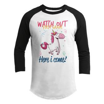 Kids Funny First Grade Gift Watch Out First Grade Here I Come Youth Raglan Shirt | Mazezy CA