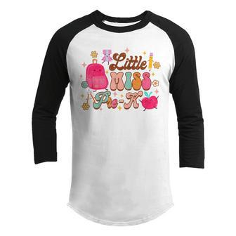Kids Little Miss Pre-K Baby Girl First Day Of School Groovy  Little Miss Gifts Youth Raglan Shirt