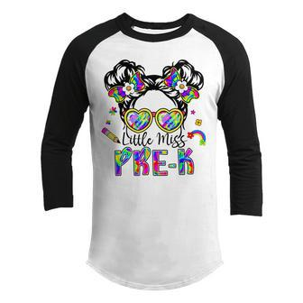 Little Miss Pre-K Cutie Messy Bun Girls Kidsgifts Youth Raglan Shirt | Mazezy