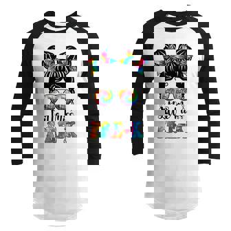 Tie Dye Messy Bun Little Miss Pre K Back To School Preschool Youth Raglan Shirt | Mazezy