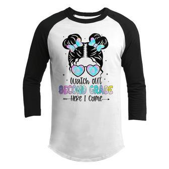 Watch Out Second Grade Here I Come Messy Bun Back To School Youth Raglan Shirt | Mazezy