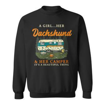 A Girl Her Dachshund And Her Camper Weiner Camping Gift For Womens Sweatshirt | Mazezy