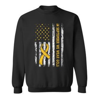 American Flag In September We Wear Gold Childhood Cancer Sweatshirt | Mazezy