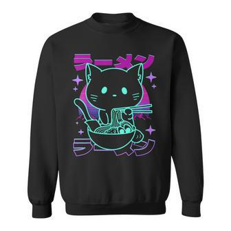 Anime Ramen Cat Retro Japanese Noodles Aesthetic Kawaii Cat Sweatshirt - Monsterry