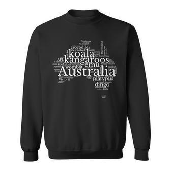 Australia Word Map - Kangaroos Koala Wombat Emu Dingo Sweatshirt | Mazezy