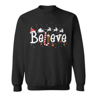 Believe Christmas Santa Claus Reindeer Candy Cane Xmas Sweatshirt - Seseable