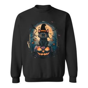 Black Cat With Witch Hat Candle And Scary Pumpkin Halloween Sweatshirt | Seseable CA