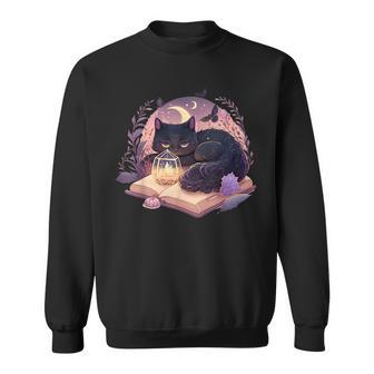 Black Cat Witchy Spellbook Spooky Halloween Magic Aesthetic Sweatshirt | Mazezy
