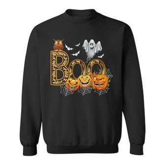 Boo Creepy Owl Pumpkin Ghost Halloween Costume Sweatshirt | Mazezy