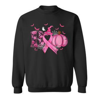 Boo Pumpkin Pink Ribbon Witch Breast Cancer Ghost Halloween Sweatshirt - Seseable