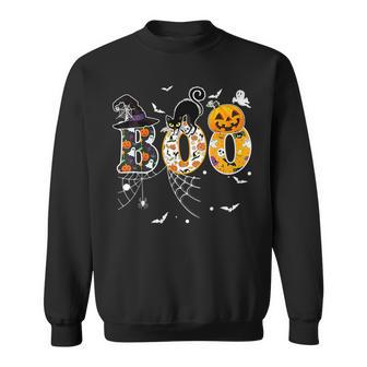 Boo With Spiders And Witch Hat Halloween Costume Sweatshirt - Monsterry