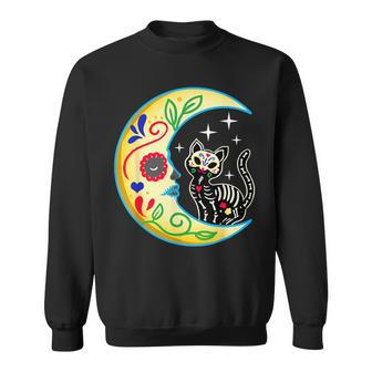 Cat & Moon Sugar Skull Dia De Los Muertos Day Of The Dead Sweatshirt - Seseable