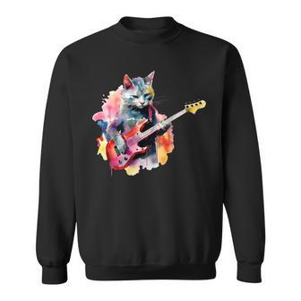 Cat Playing Bass Guitar Watercolor Graphic Design Sweatshirt - Seseable
