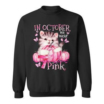 Cat Pumpkin Halloween In October We Wear Pink Breast Cancer Sweatshirt - Seseable