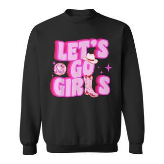 Cowgirl Lets Go Girls Cowgirl Pink Hat Boots Western Sweatshirt | Mazezy