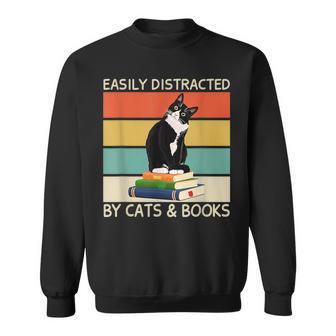 Easily Distracted By Cats And Books Vintage Cat Book Piles Sweatshirt | Mazezy UK