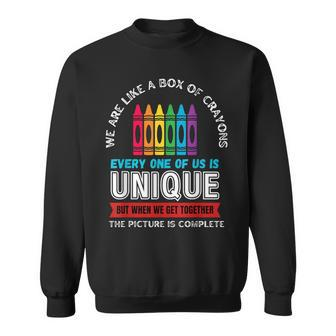 First Day Back To School We Are Like Box Of Crayons Teacher Sweatshirt - Seseable