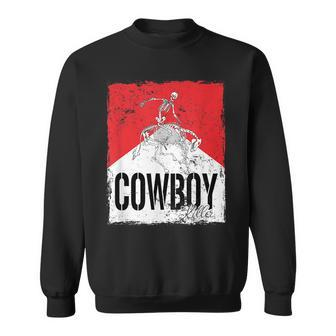 Funny Cowboy Killer Western Rodeo Skeleton Bull Horn Skull Rodeo Funny Gifts Sweatshirt | Mazezy