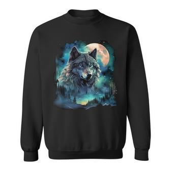 Grey Wolf Hunting Grounds Icy Moon Forest Galaxy Sweatshirt - Thegiftio UK