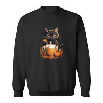 Halloween Black Cat Pumpkin Spice Latte Syrup Creamer Sweatshirt - Monsterry AU